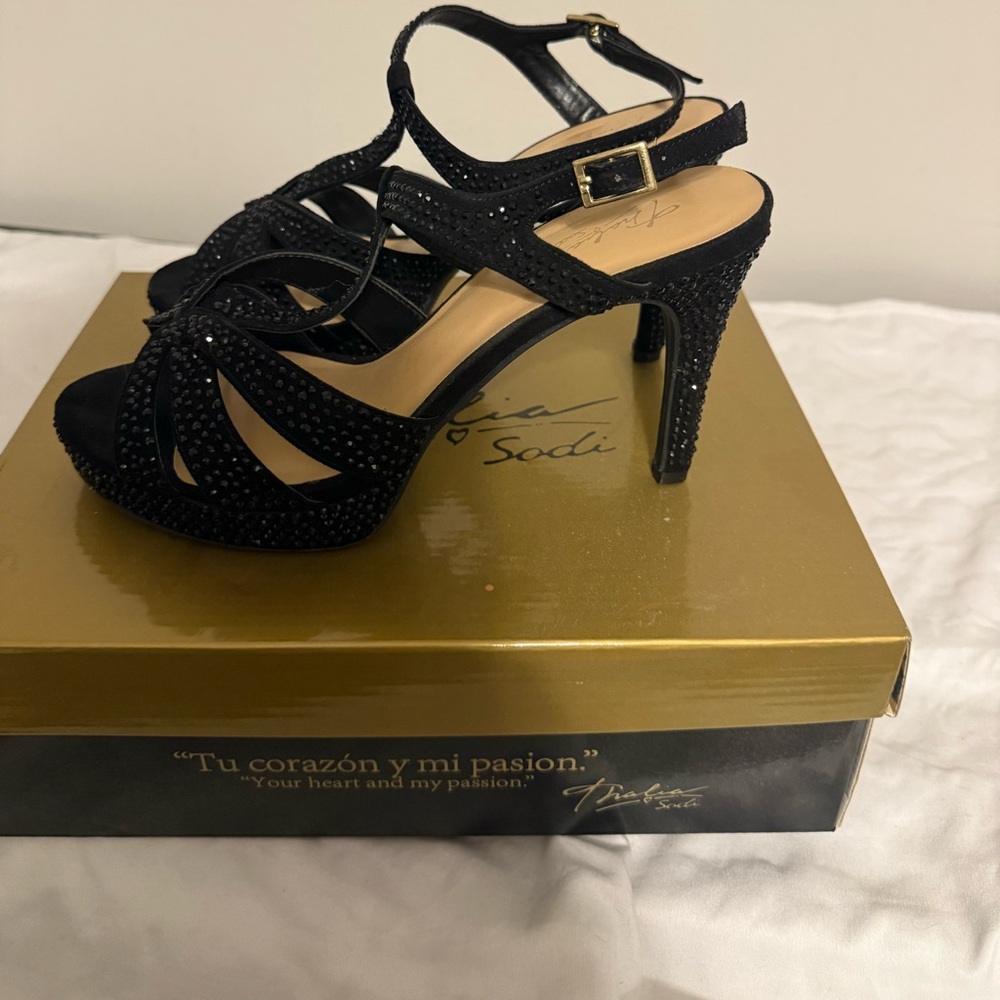 Thalia Sodi Black Strappy Heels with Rhinestones